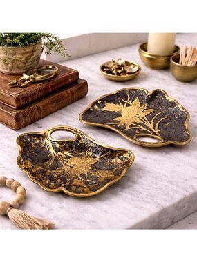 Vintage Brass Leaf-Shaped Decorative Trays With Floral Design & Gold Accents - M